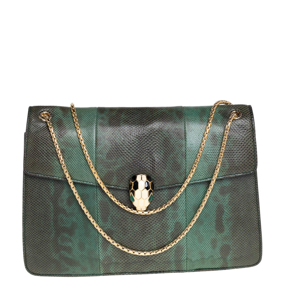 Pre Owned Bvlgari Green Karung Medium Serpenti Forever Flap Shoulder Bag