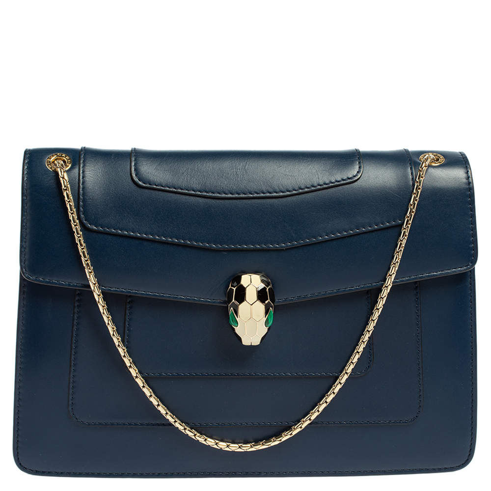 Pre Owned Bvlgari Blue Leather Medium Serpenti Forever Flap Shoulder Bag