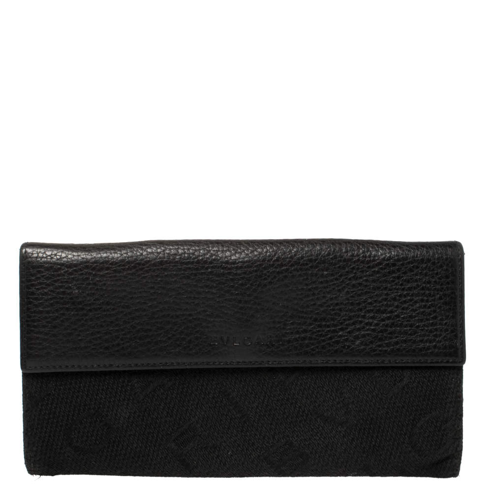 Bvlgari Black Logo Mania Canvas and Leather Flap Continental Wallet
