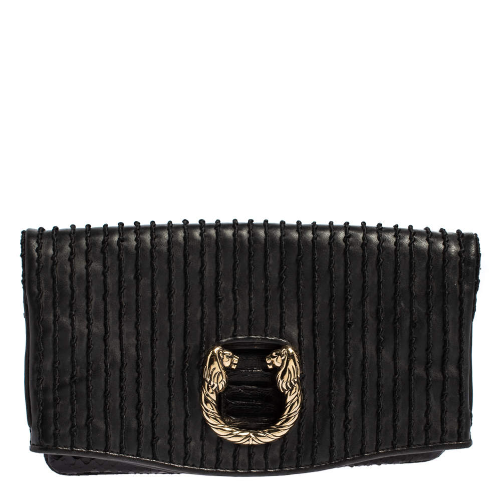 Pre Owned Bvlgari Black Leather and Python Leoni Lion Head Flap Clutch