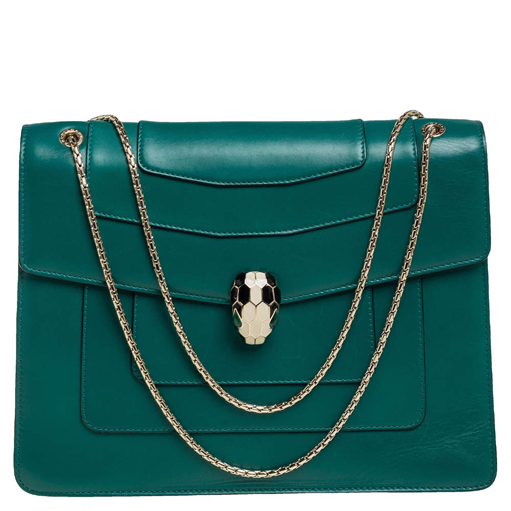 Pre Owned Bvlgari Green Leather Serpenti Forever Flap Shoulder Bag