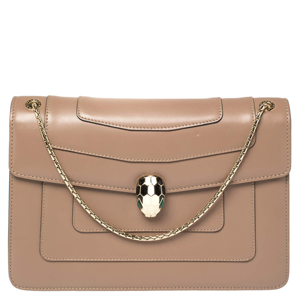 مملوكة مسبقًا حقيبة كتف بلغاري سربنتي فورفر متوسطة جلد بيج داكنة