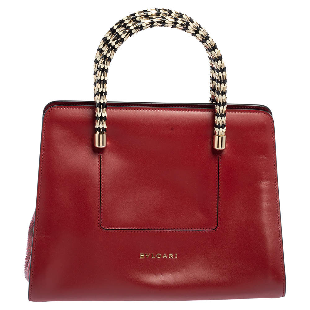Pre Owned Bvlgari Dark Red Snakeskin and Leather Small Serpenti Scaglie Tote