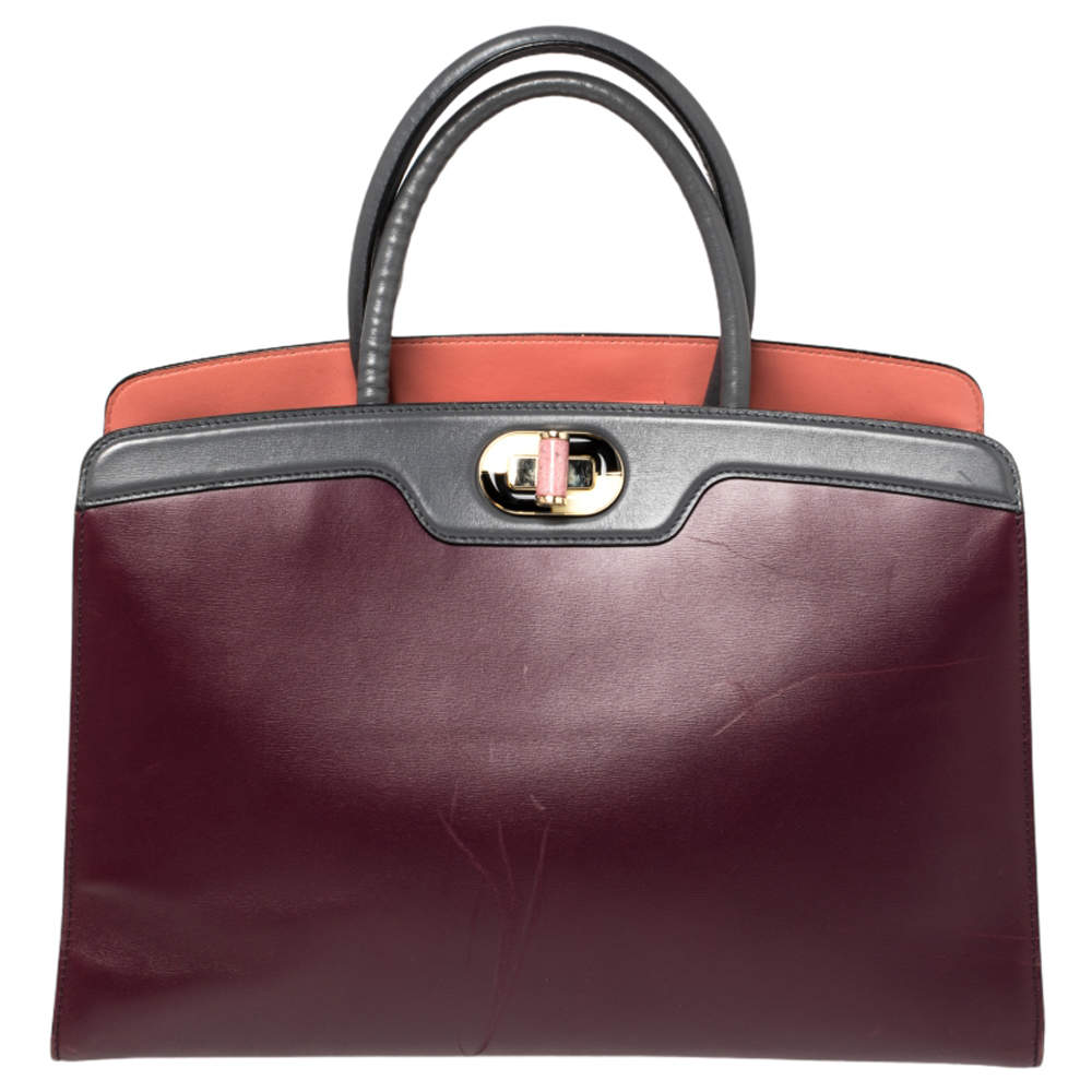 Pre Owned Bvlgari Burgundy/Grey Leather Medium Icona Tote