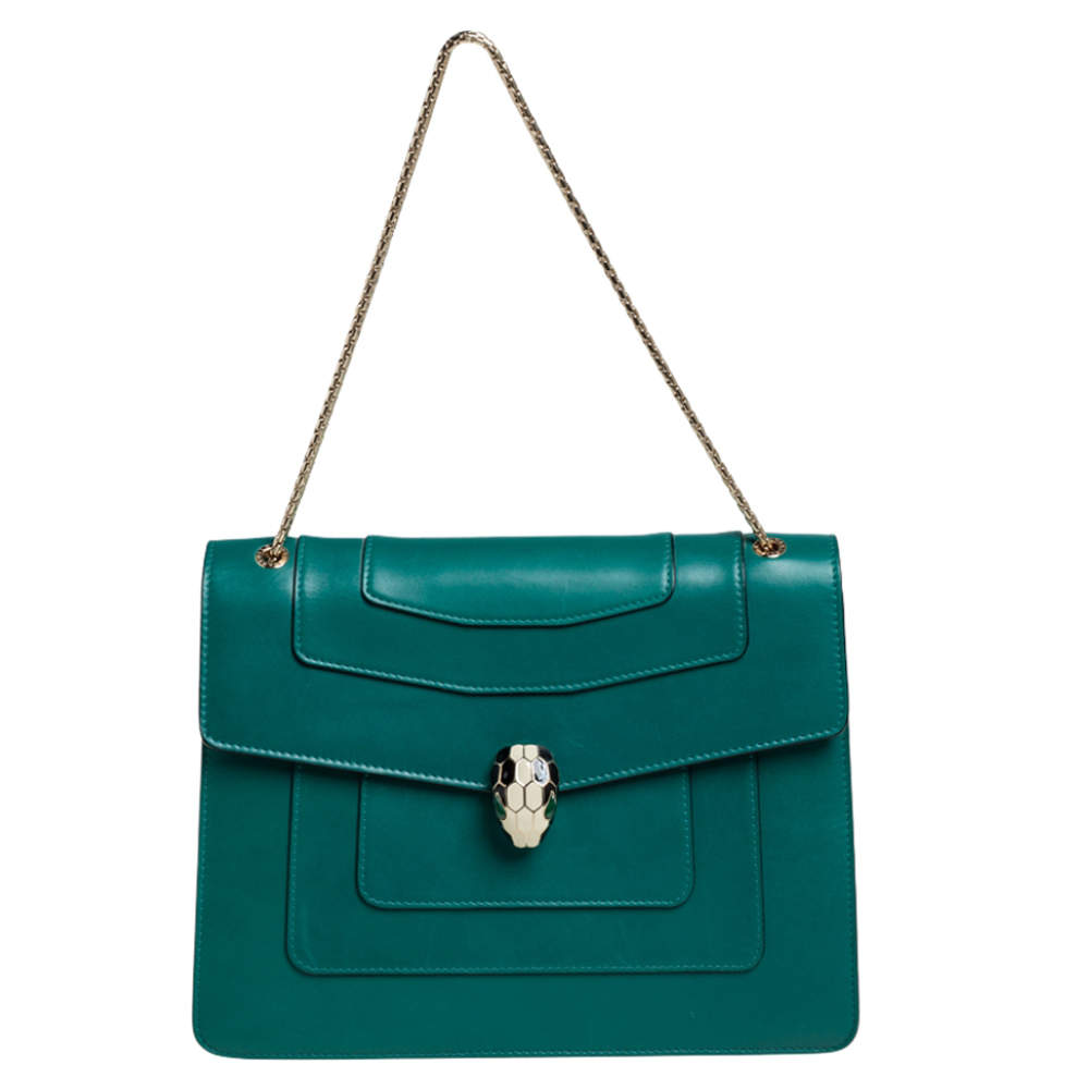 Pre Owned Bvlgari Green Leather Large Serpenti Forever Shoulder Bag