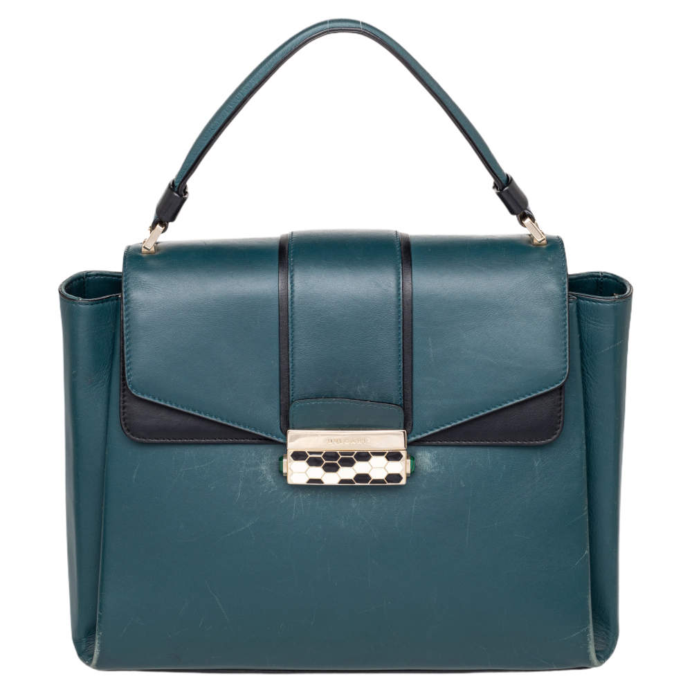 Bvlgari Green/Black Leather Medium Serpenti Viper Top Handle Bag
