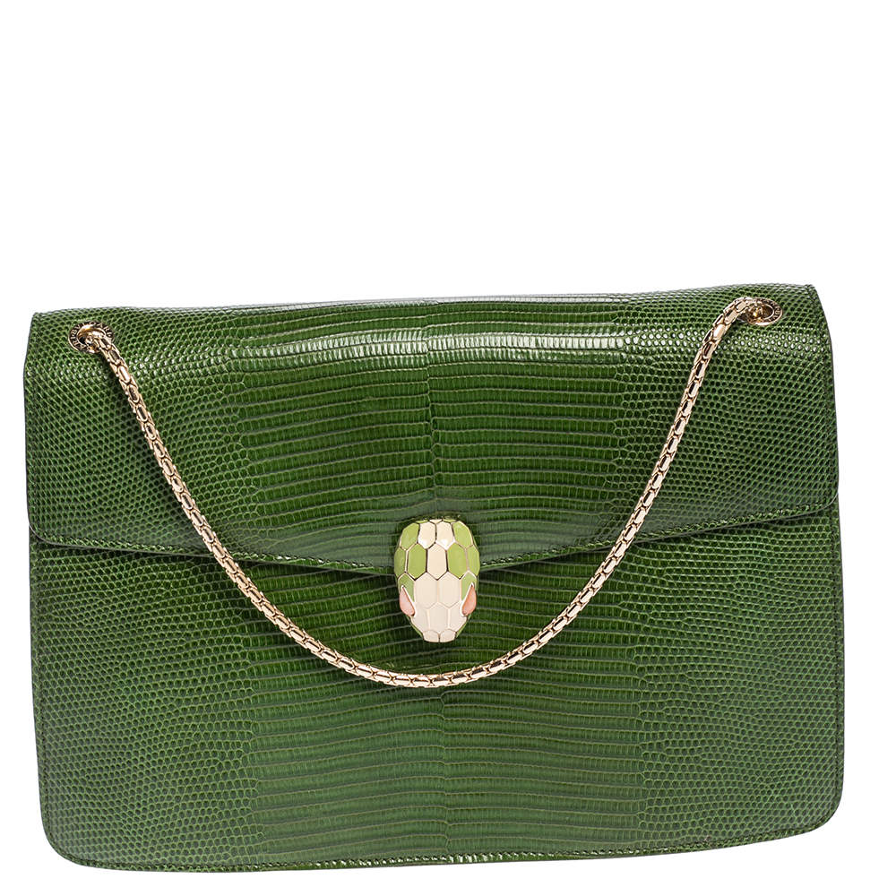 Pre Owned Bvlgari Green Lizard Medium Serpenti Forever Shoulder Bag