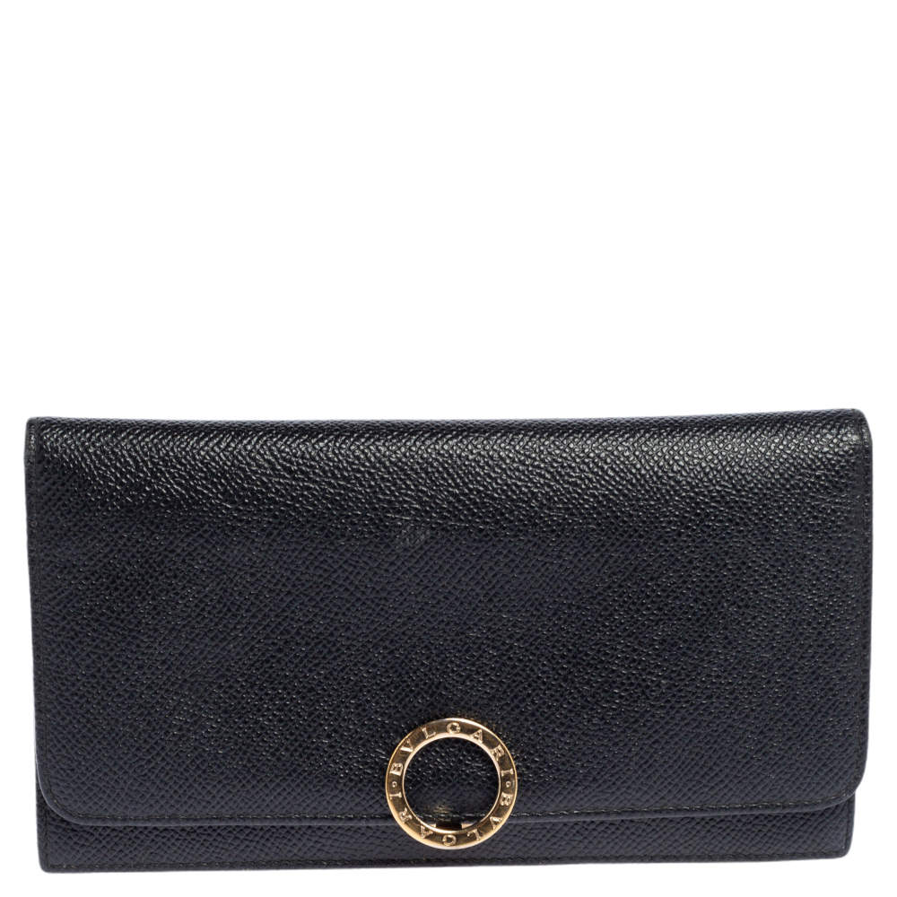 Pre Owned محفظة بلغاري كونتينينتال جلد أسود مزينة شعارالماركة بيت مستدير