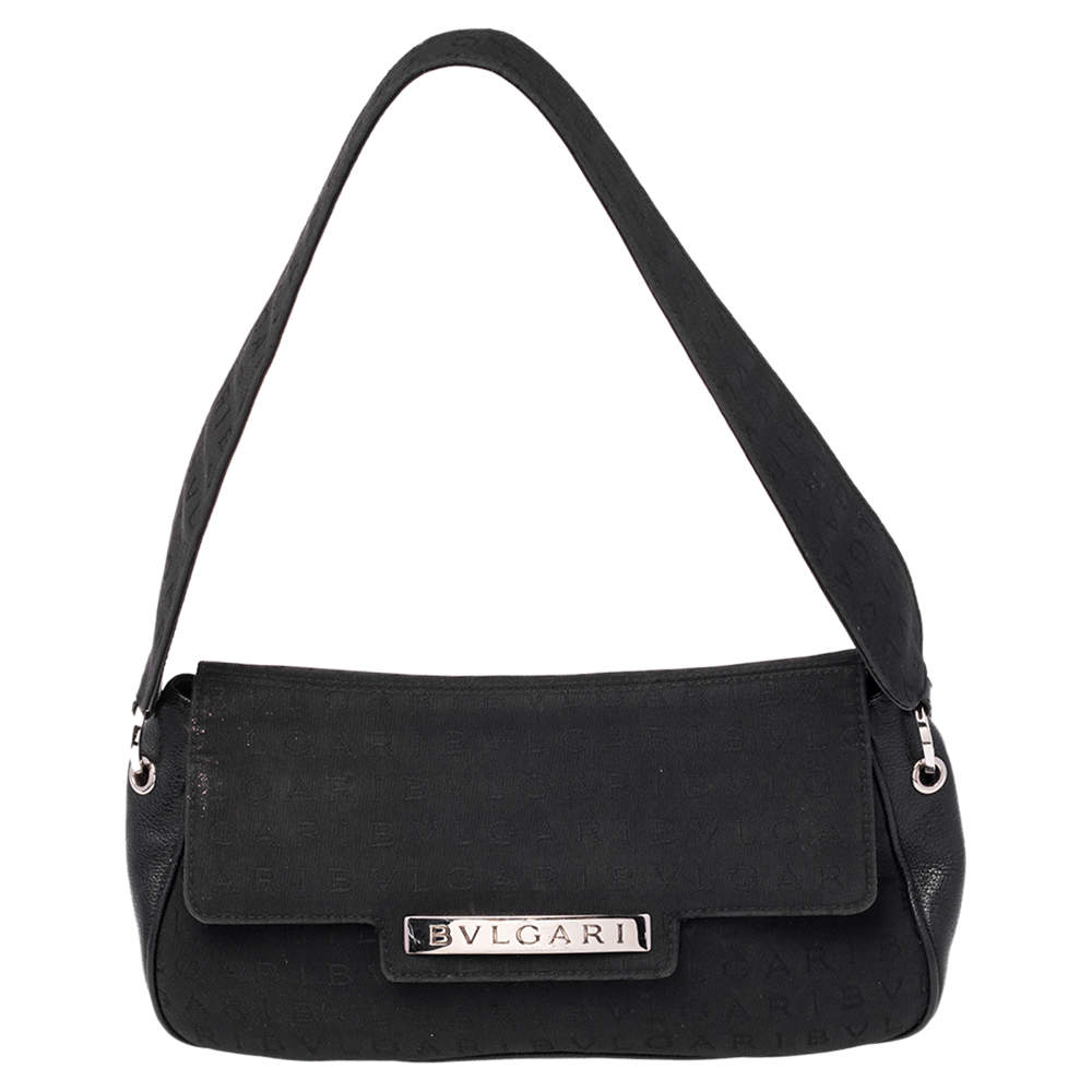 Pre Owned Bvlgari Black Logo Mania Canvas and Leather Flap Shoulder Bag
