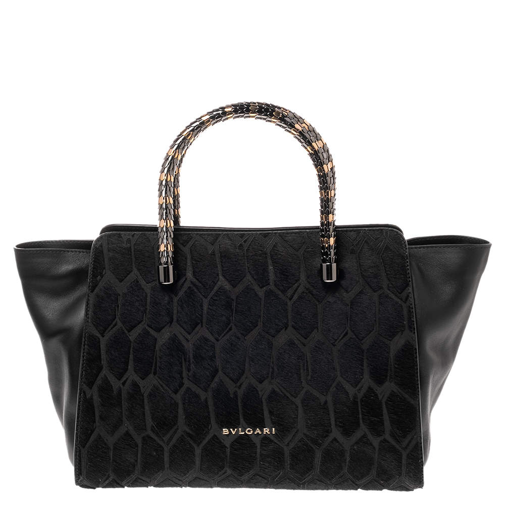 Bvlgari Black Leather and Calf Hair Serpenti Scaglie Tote