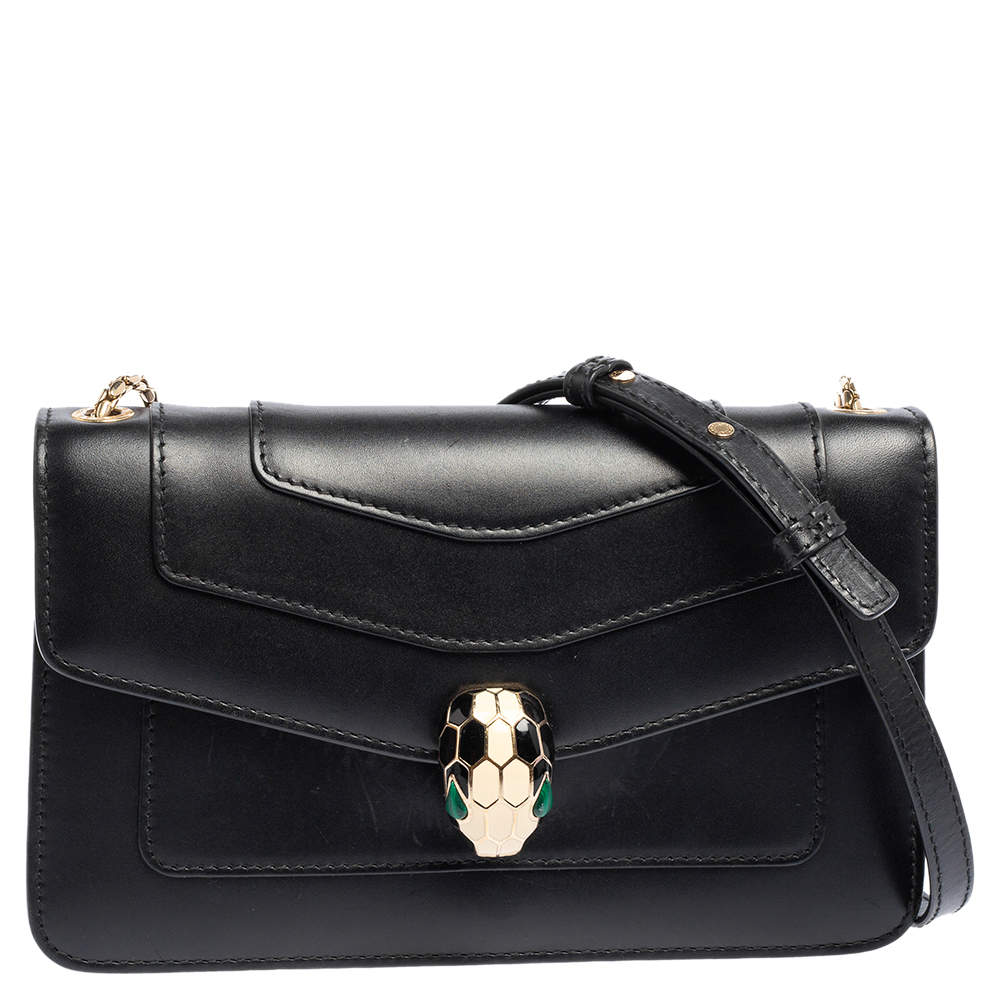Pre Owned حقيبة كتف بلغاري سيربنتي فور إيفر جلد أسود بسلسلة