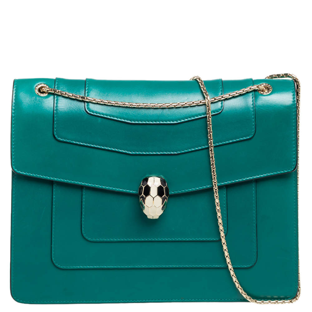 Pre Owned حقيبة كتب بلغاري سيربنتي فوريفر جلد أخضر كبيرة