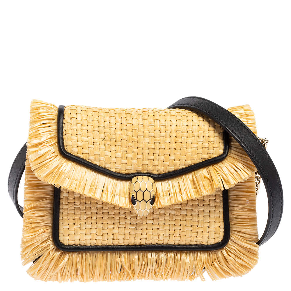 مملوكة مسبقًا Bvlgari Cream/Black Raffia and Leather Mini Serpenti Forever Crossbody Bag