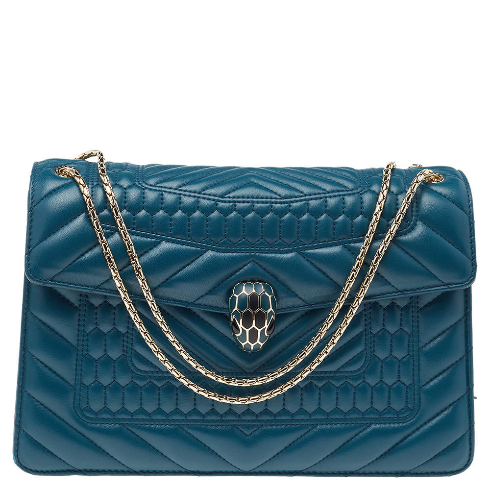 Pre Owned Bvlgari Teal Blue Quilted Leather Serpenti Forever Shoulder Bag
