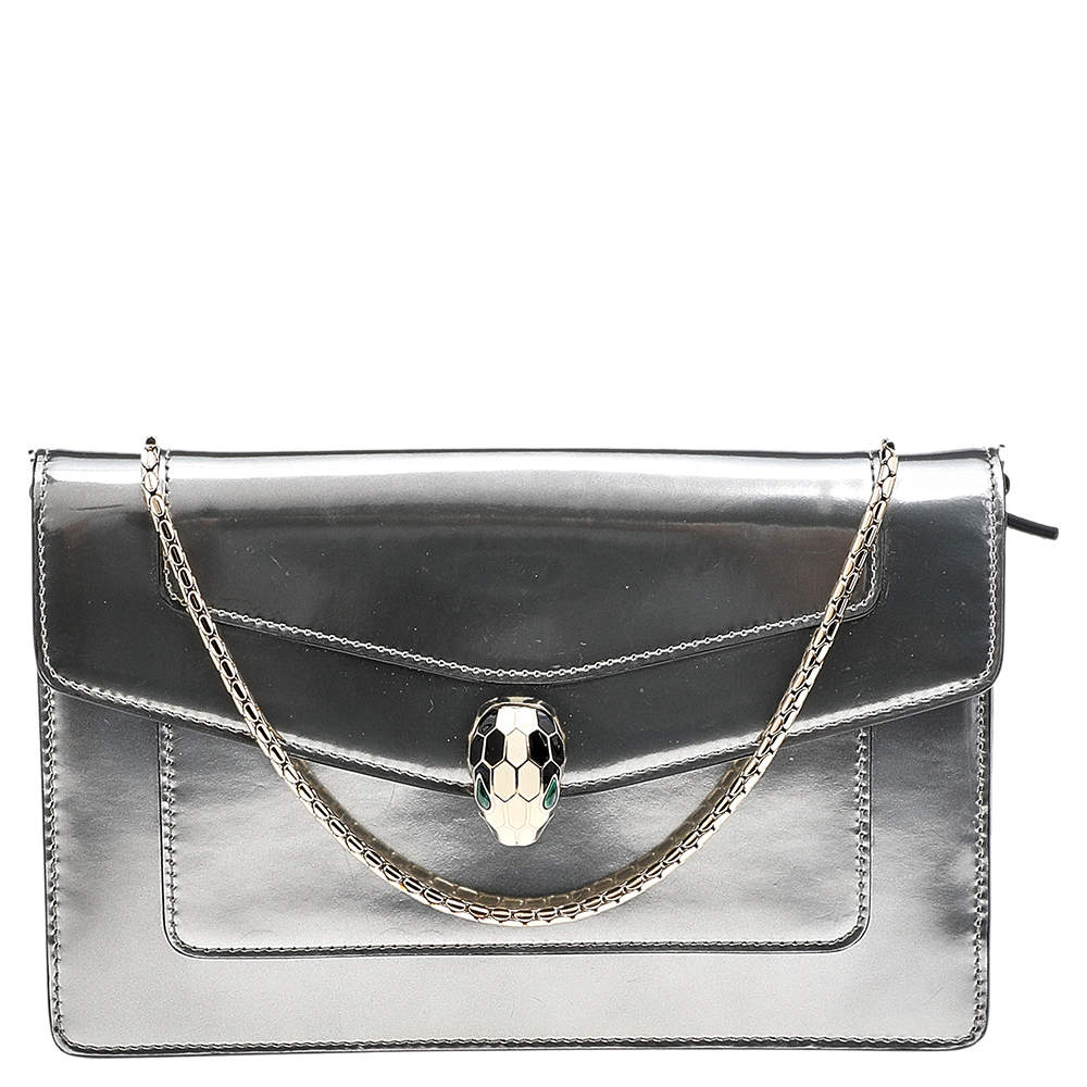 Bvlgari Metallic Silver Patent Leather Serpenti Forever Wallet on Chain