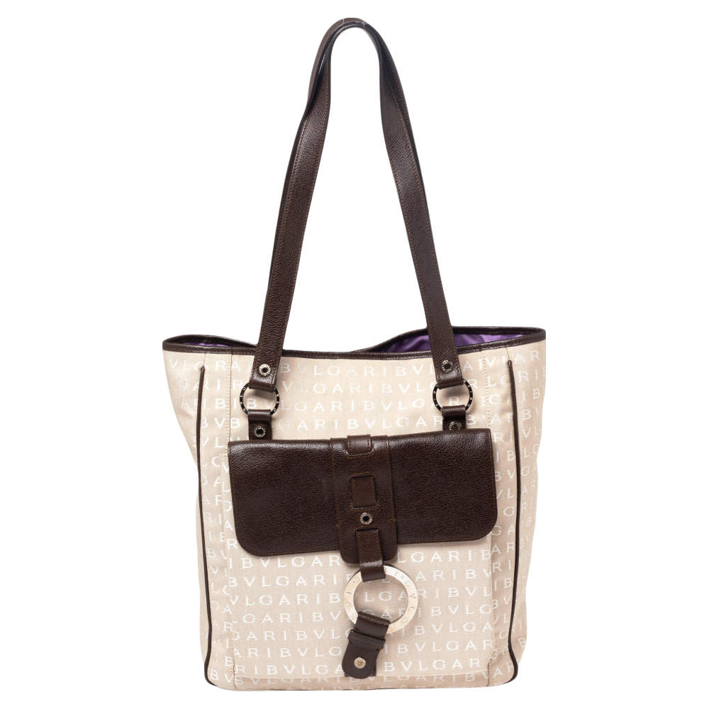 Pre Owned Bvlgari Brown/Beige Signature Canvas and Leather Tote 