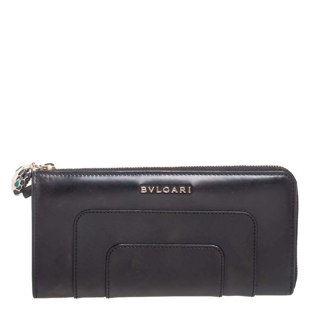 Pre Owned Bvlgari Black Leather Serpenti Forever Zip Around Wallet