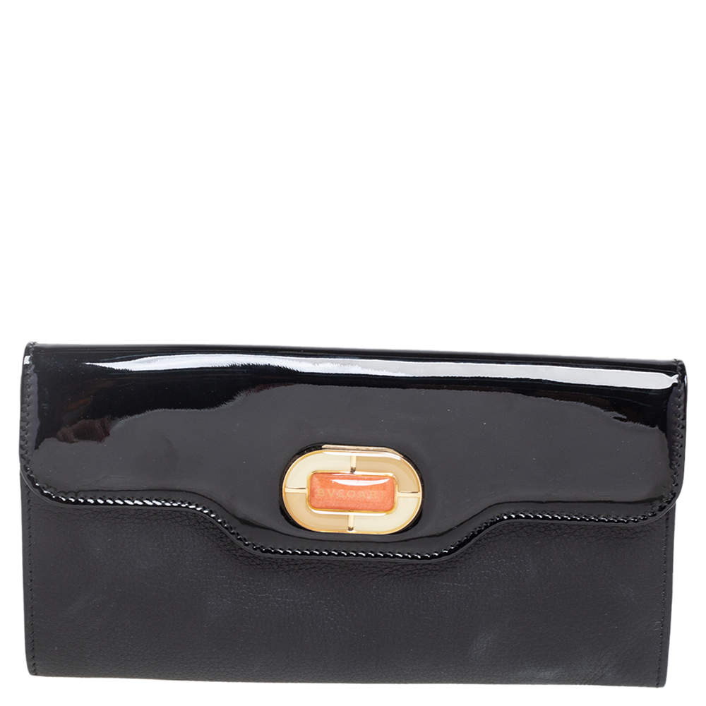 Pre Owned Bvlgari Black Leather and Patent Leather Flap Wallet 