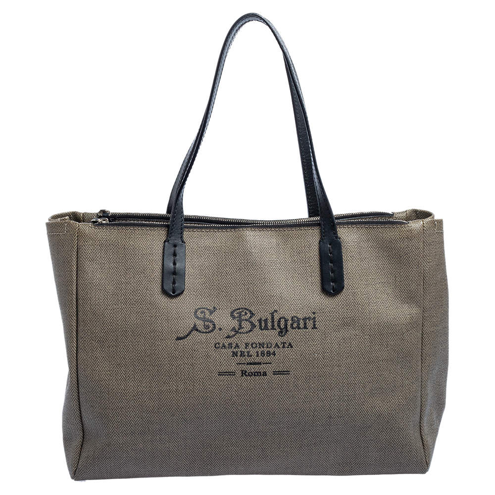 Pre Owned Bvlgari Grey/Black Coated Canvas and Leather Double Zip Tote