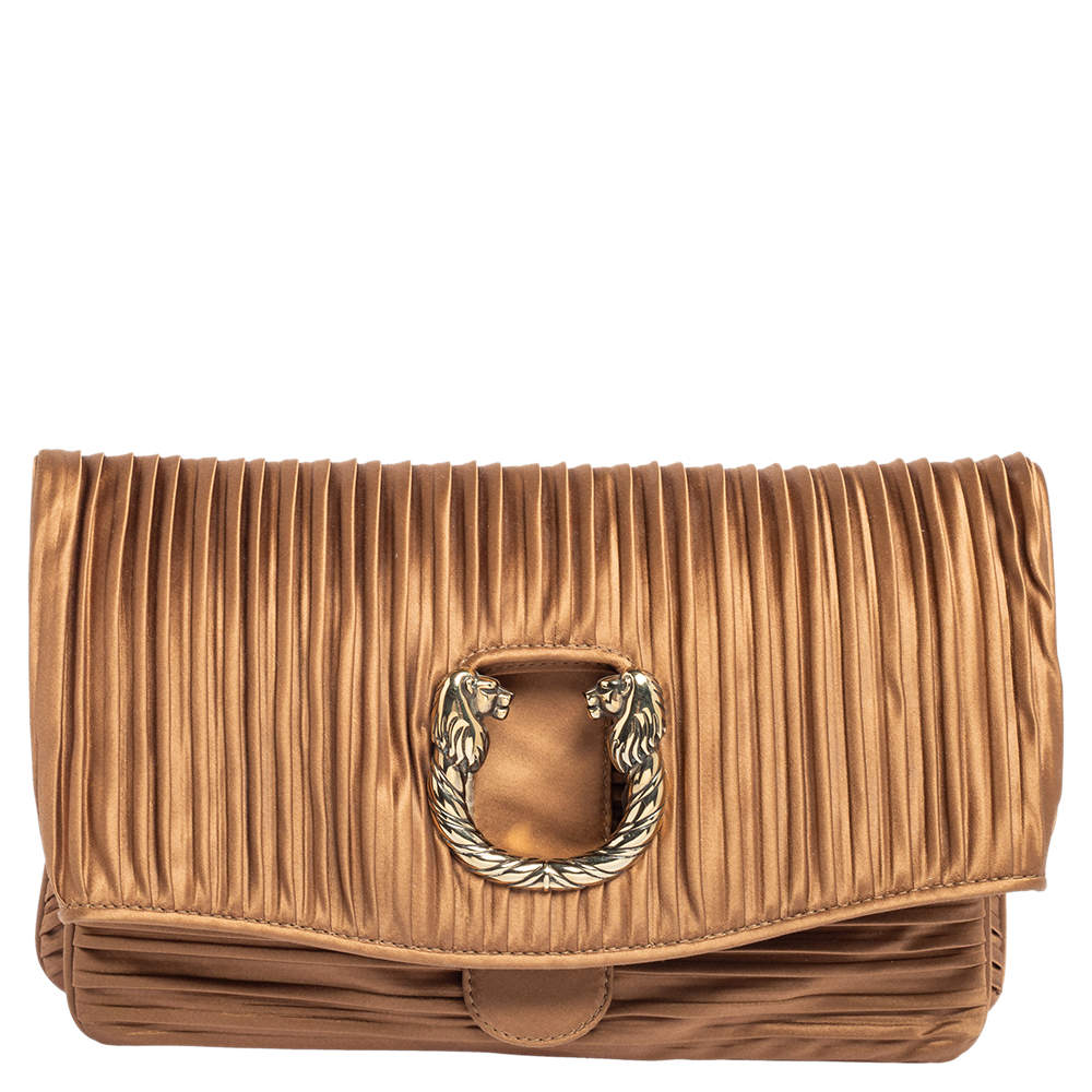 Pre Owned Bvlgari Metallic Brown Pleated Satin Clutch