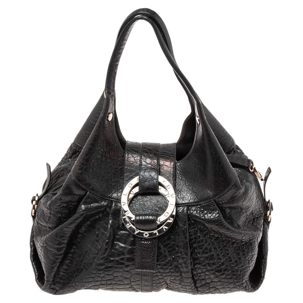 Pre Owned Bvlgari Black Textured Leather Chandra Hobo