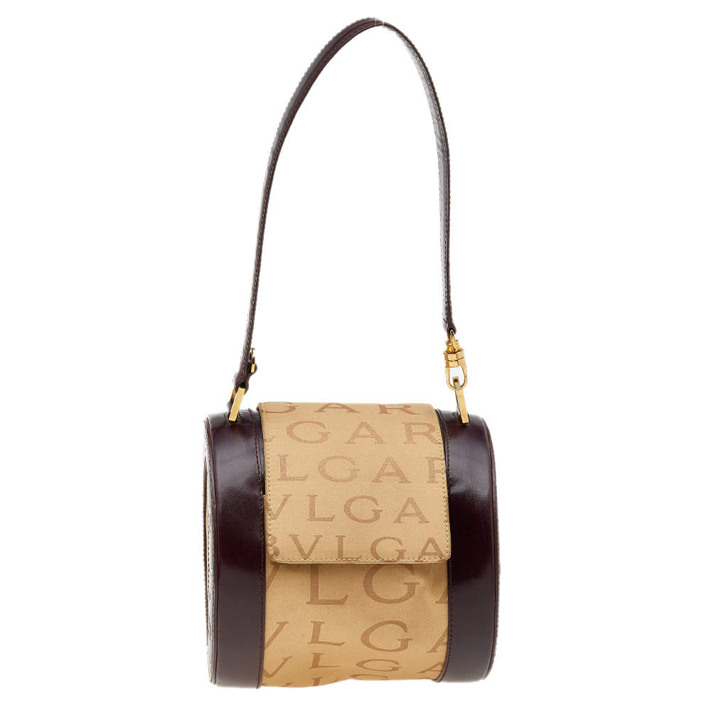Bvlgari Beige/Brown Canvas And Leather Cylinder Bag