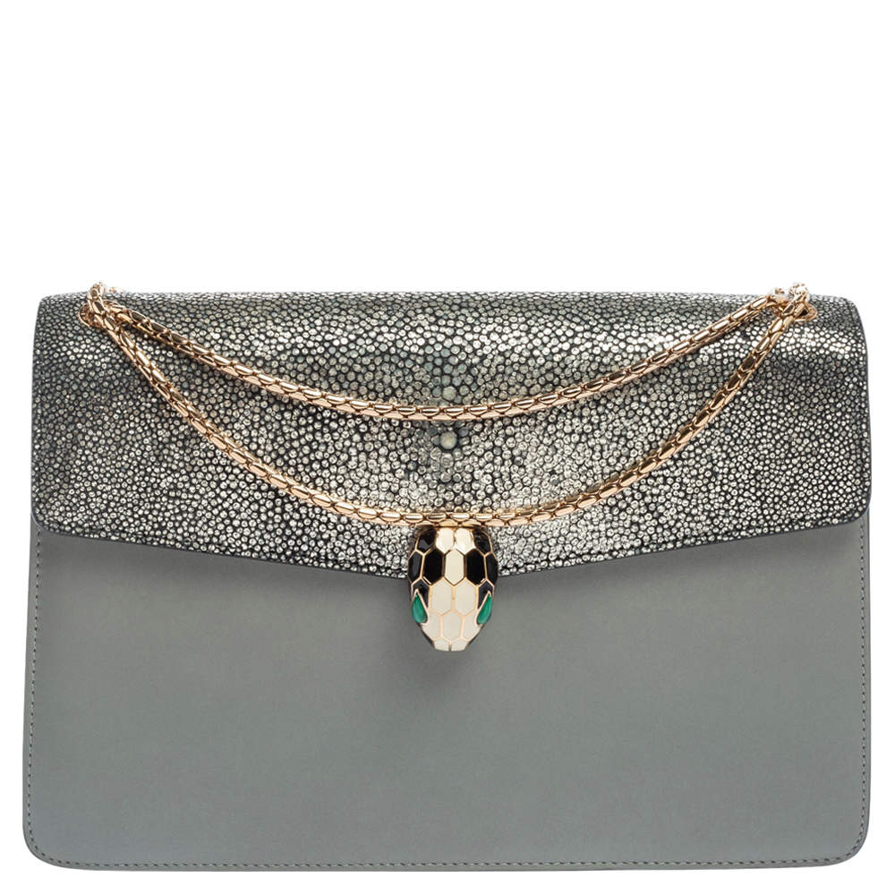 Bvlgari Grey Stingray and Leather Medium Serpenti Forever Shoulder Bag