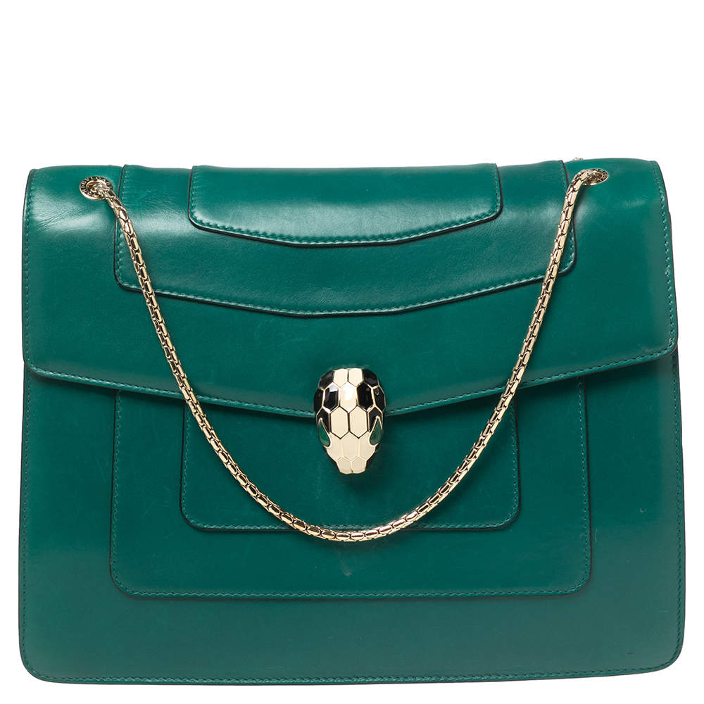Pre Owned Bvlgari Green Leather Large Serpenti Forever Shoulder Bag