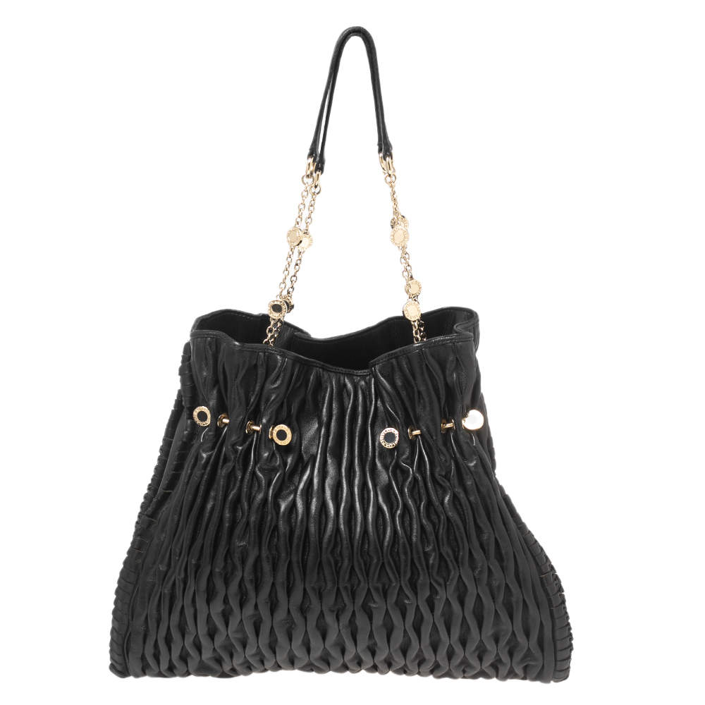Bvlgari Black Leather Pleated Twit Tote