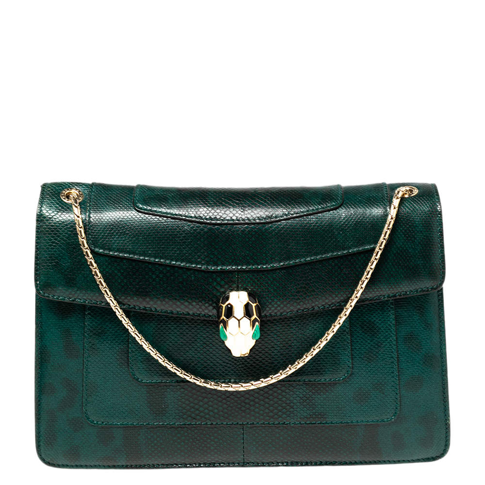 مملوكة مسبقًا Bvlgari Green/Black Karung Medium Serpenti Forever Shoulder Bag