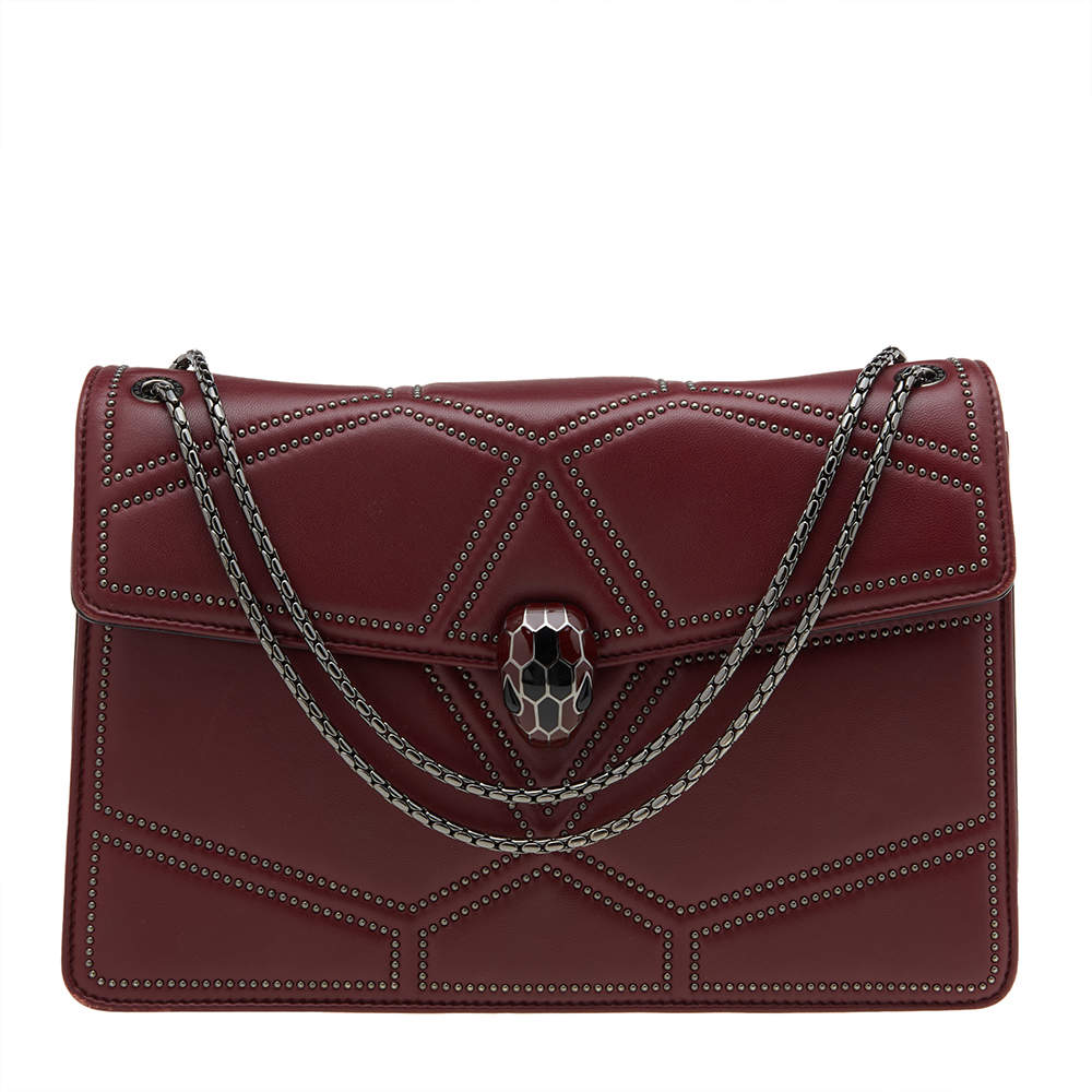 Pre Owned Bvlgari Maroon Leather Medium Studded Serpenti Forever Flap Shoulder Bag