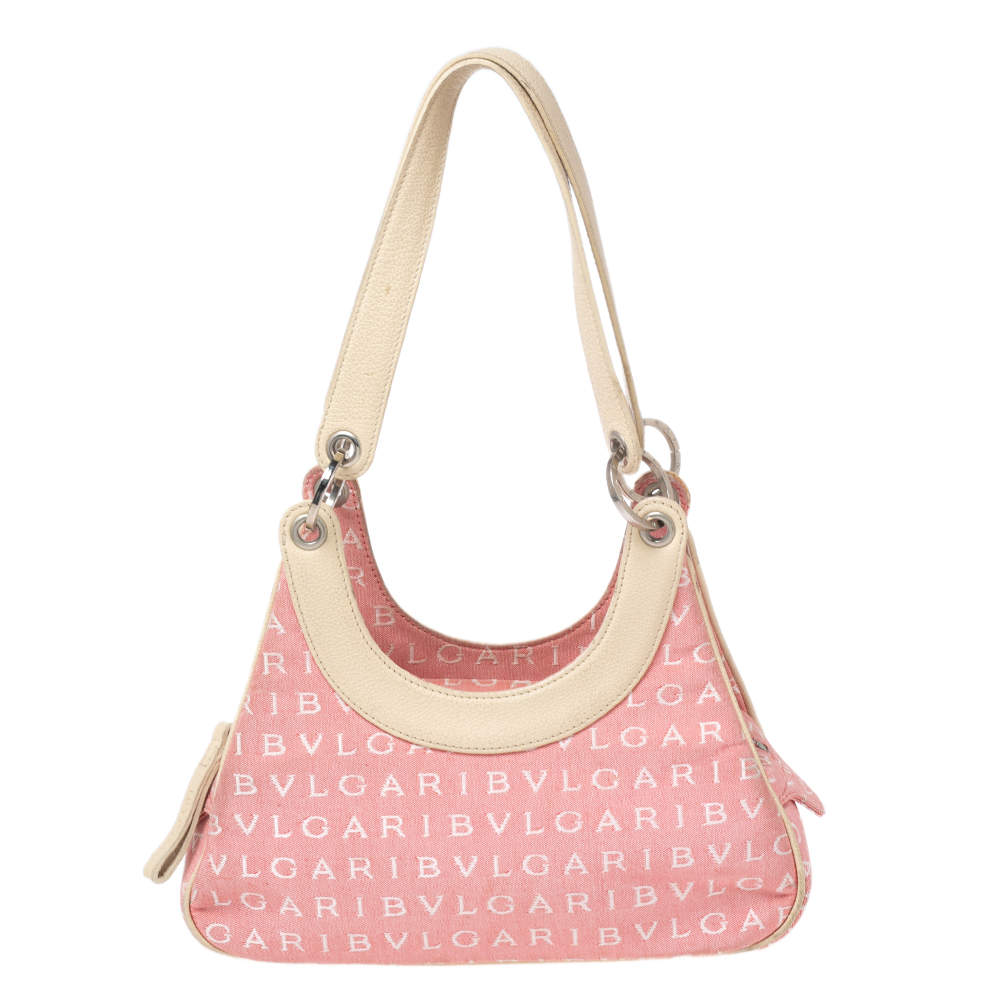 Pre Owned Bvlgari Pink/White Logo Mania Canvas and Leather Baguette Bag