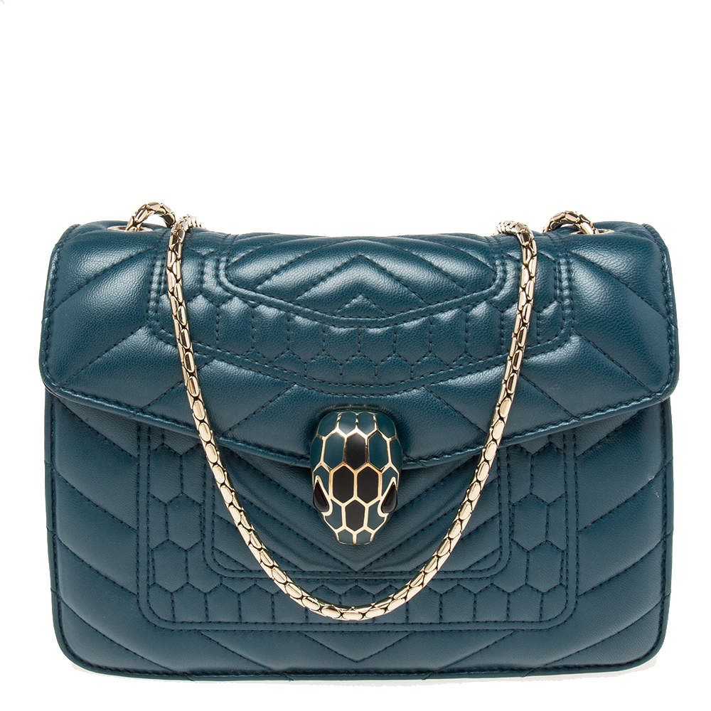 Pre Owned Bvlgari Teal Quilted Scaglie Leather Small Serpenti Forever Shoulder Bag