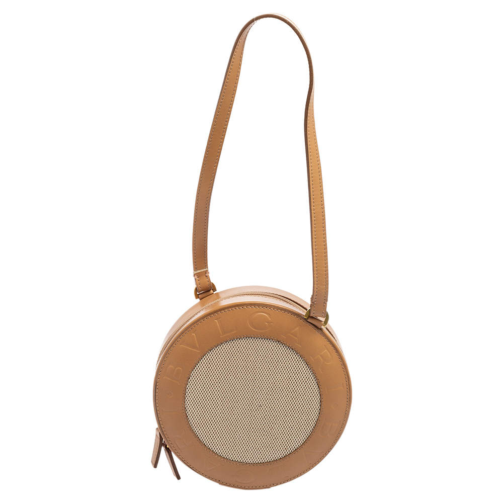 Bvlgari Brown/Beige Leather and Canvas Zero 1 Round Clutch Bag