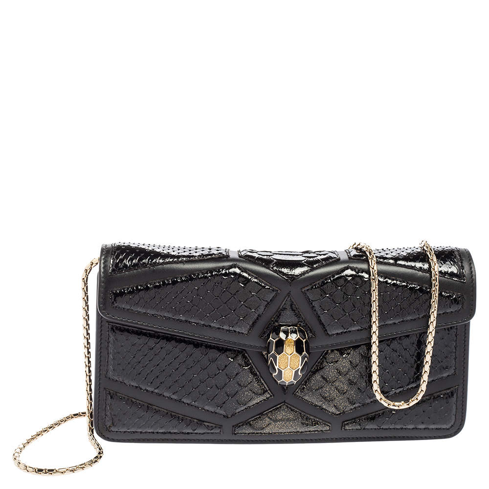 Bvlgari Black Leather And Python Serpenti Forever Chain Clutch