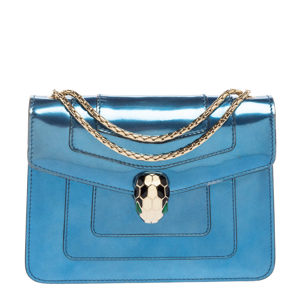 Pre Owned حقيبة كتف بلغاري سيربنتي فوريفر جلد أزرق ميتاليك لامع