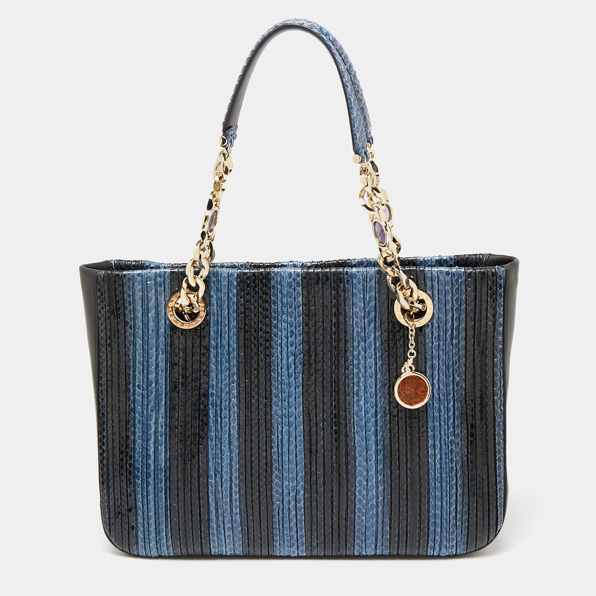 Bvlgari Blue/Black Python And Leather Chain Handle Tote