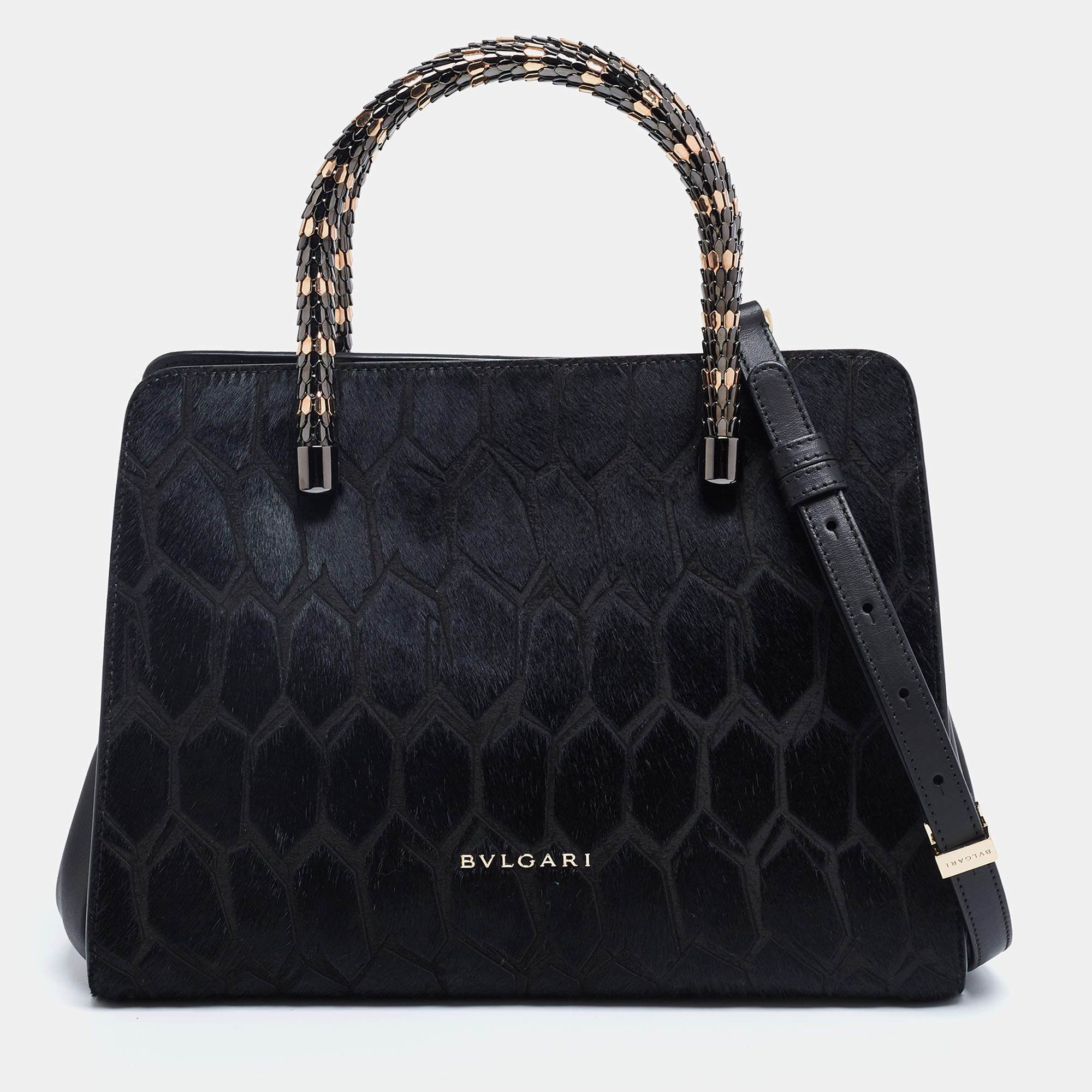 Pre Owned Bvlgari Black Leather and Calf Hair Serpenti Scaglie Tote