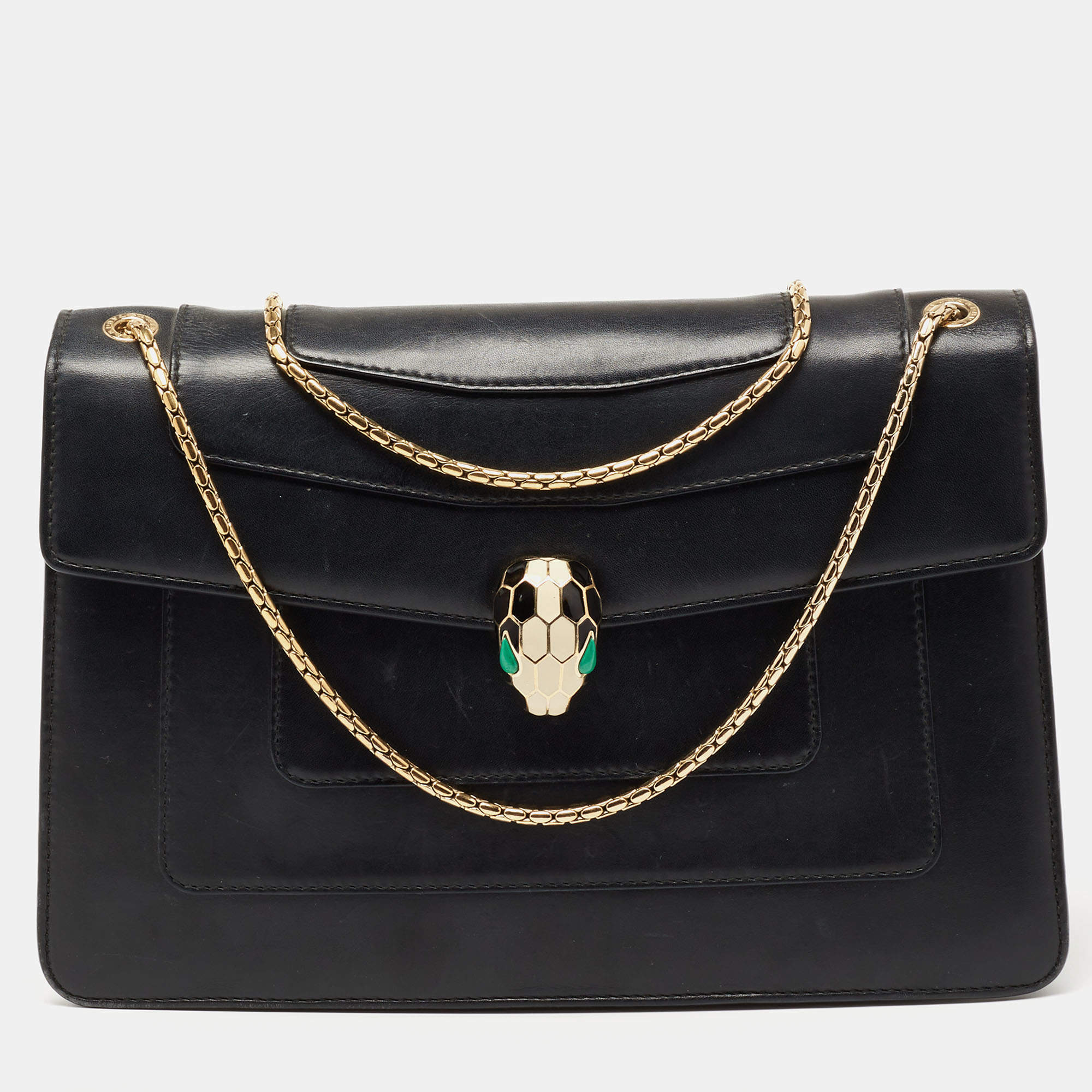 مملوكة مسبقًا Bvlgari Black Leather Medium Serpenti Forever Flap Shoulder Bag
