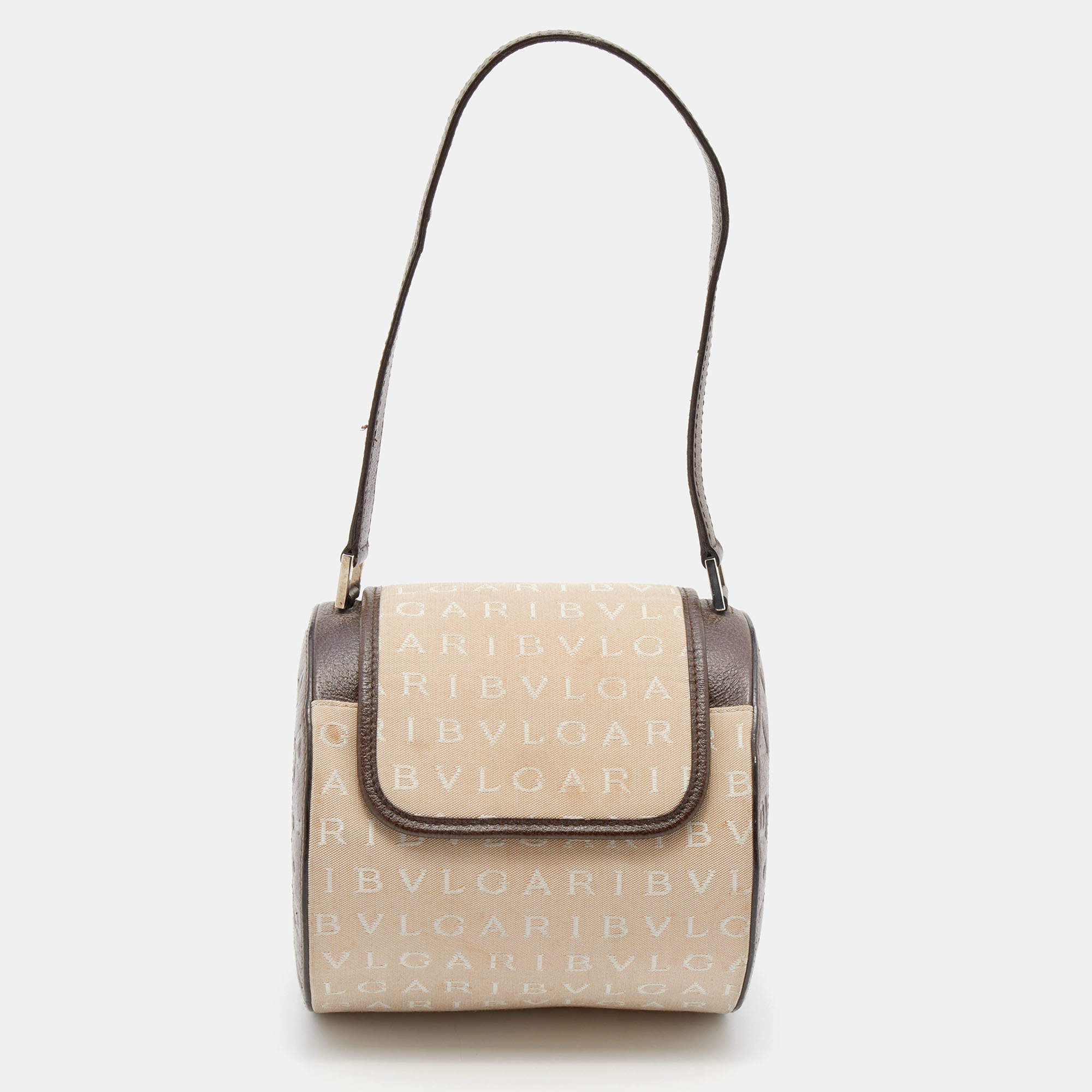 Bvlgari Beige/Brown Canvas and Leather Cylinder Bag