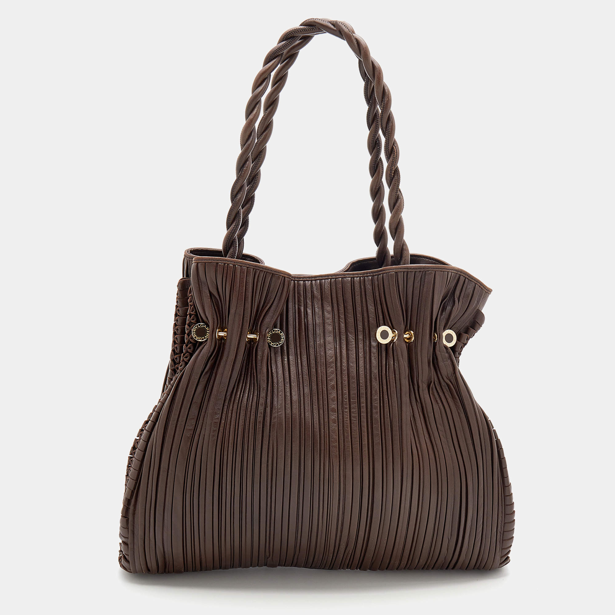 Bvlgari Brown Pleated Leather Twistino Tina Shopper Tote