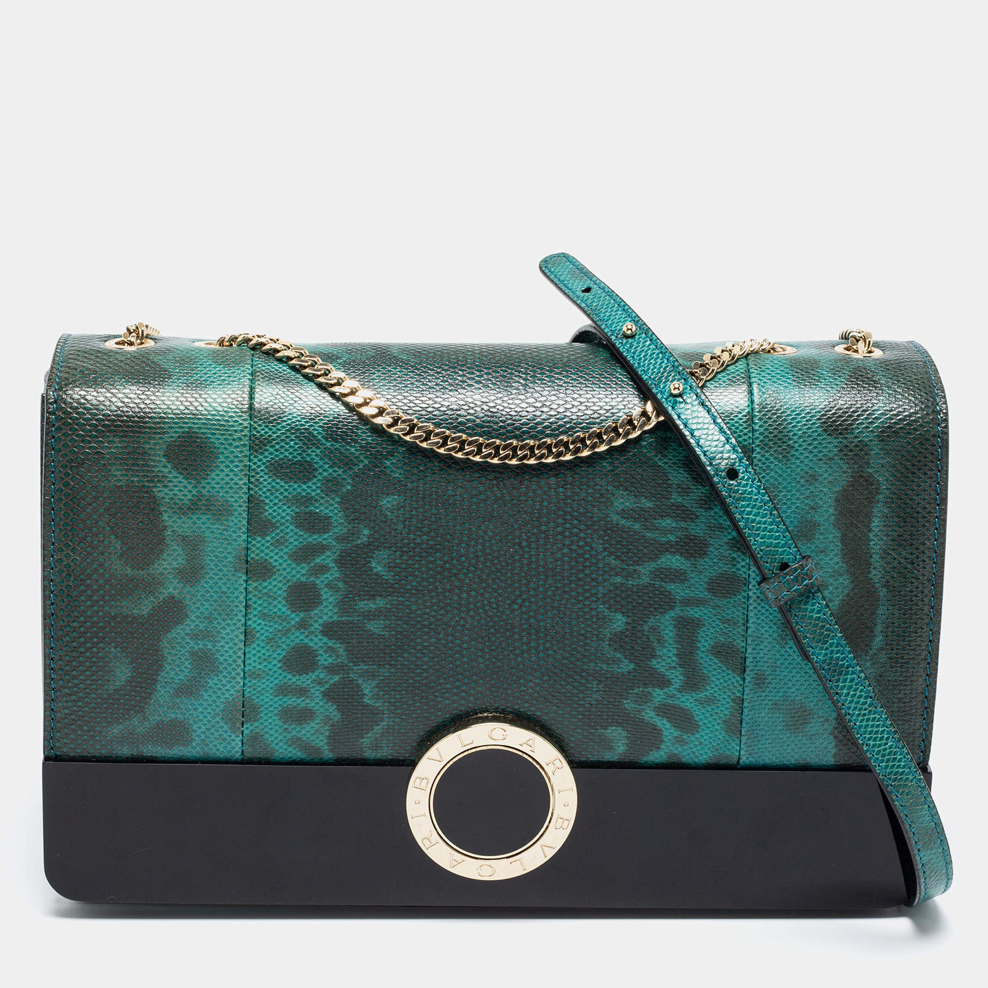 مملوكة مسبقًا حقيبة كتف بلغاري جلد كارونج وبريسبيكس أسود/ أخضر  غطاء قلاب 