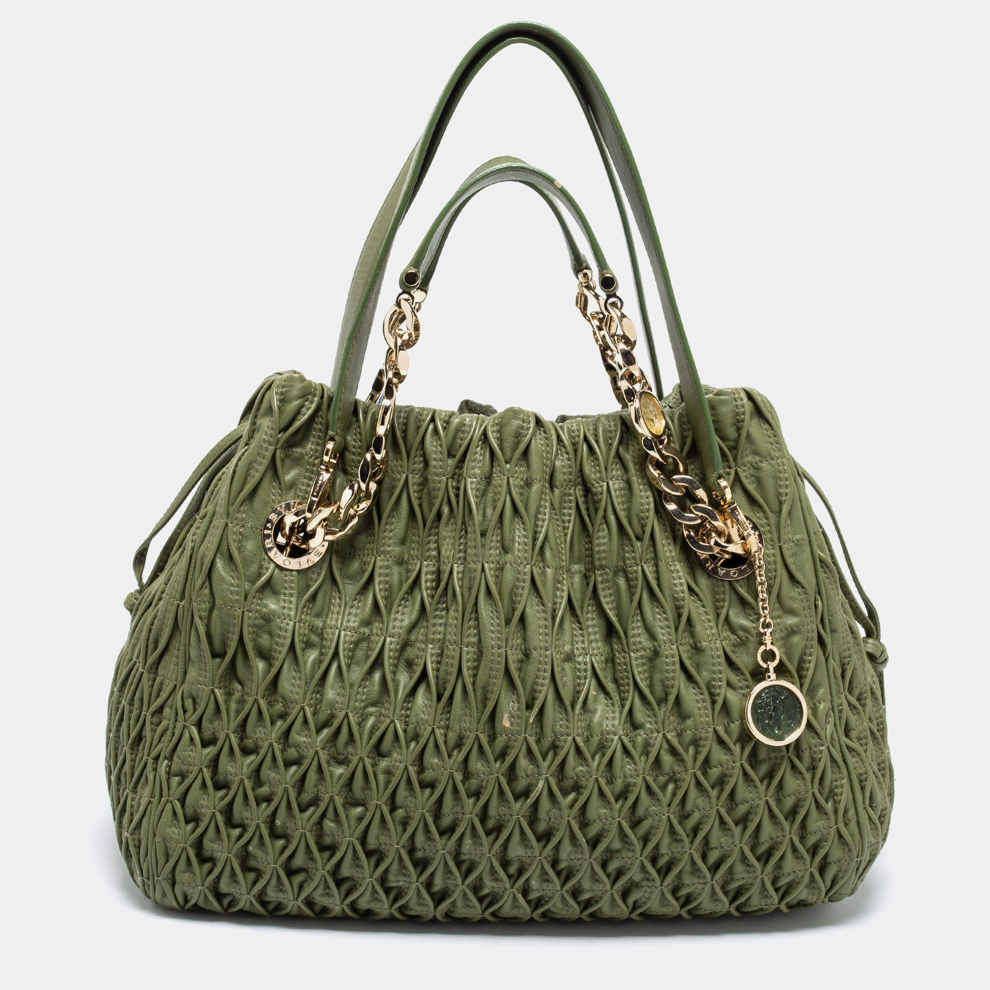 Pre Owned Bvlgari Green Willow Matelassé Leather Monete Tote