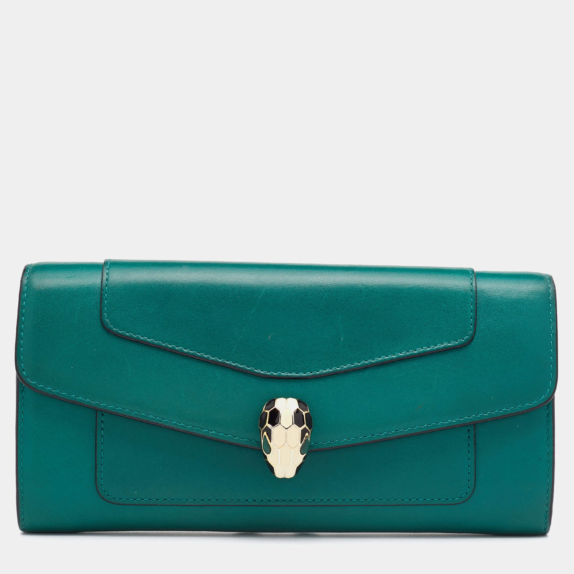 Pre Owned Bvlgari Green Leather Serpenti Forever Continental Wallet