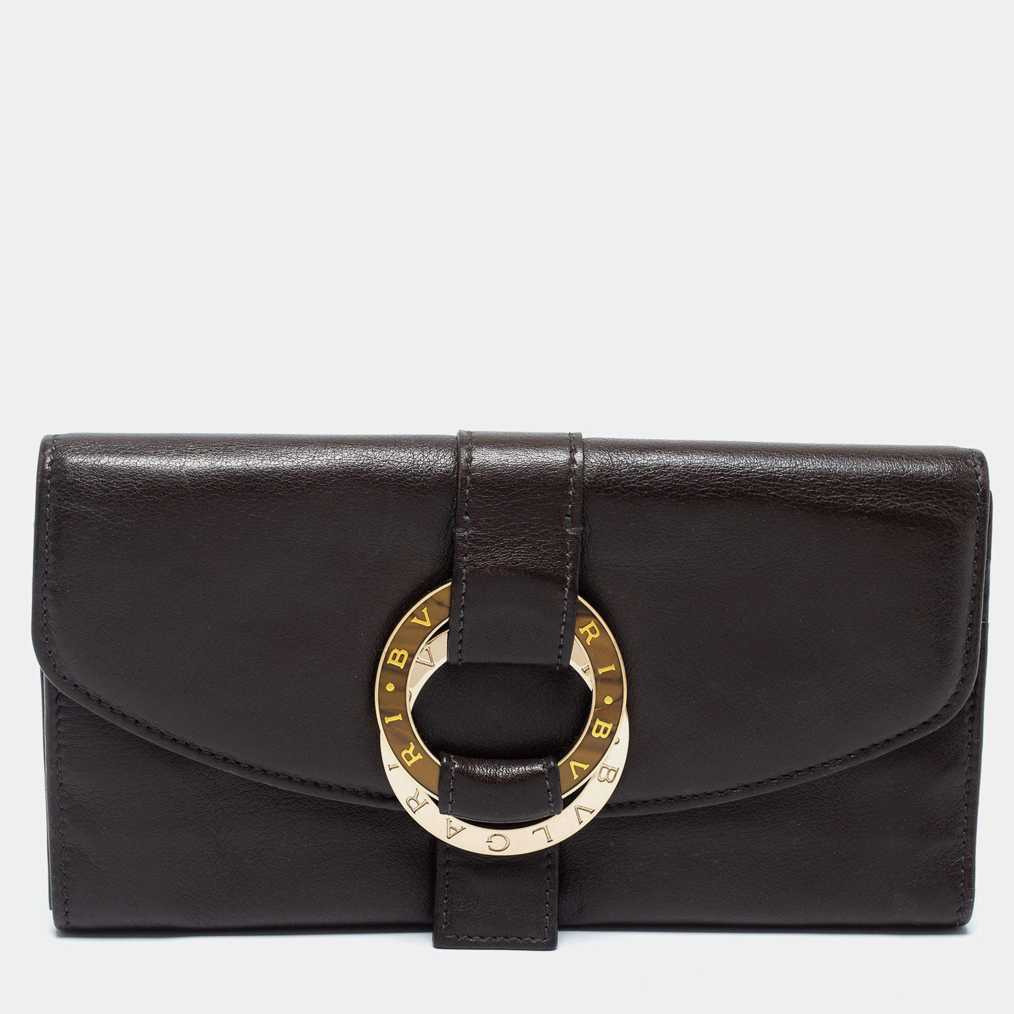 Pre Owned Bvlgari Dark Brown Leather Double Ring Flap Continental Wallet