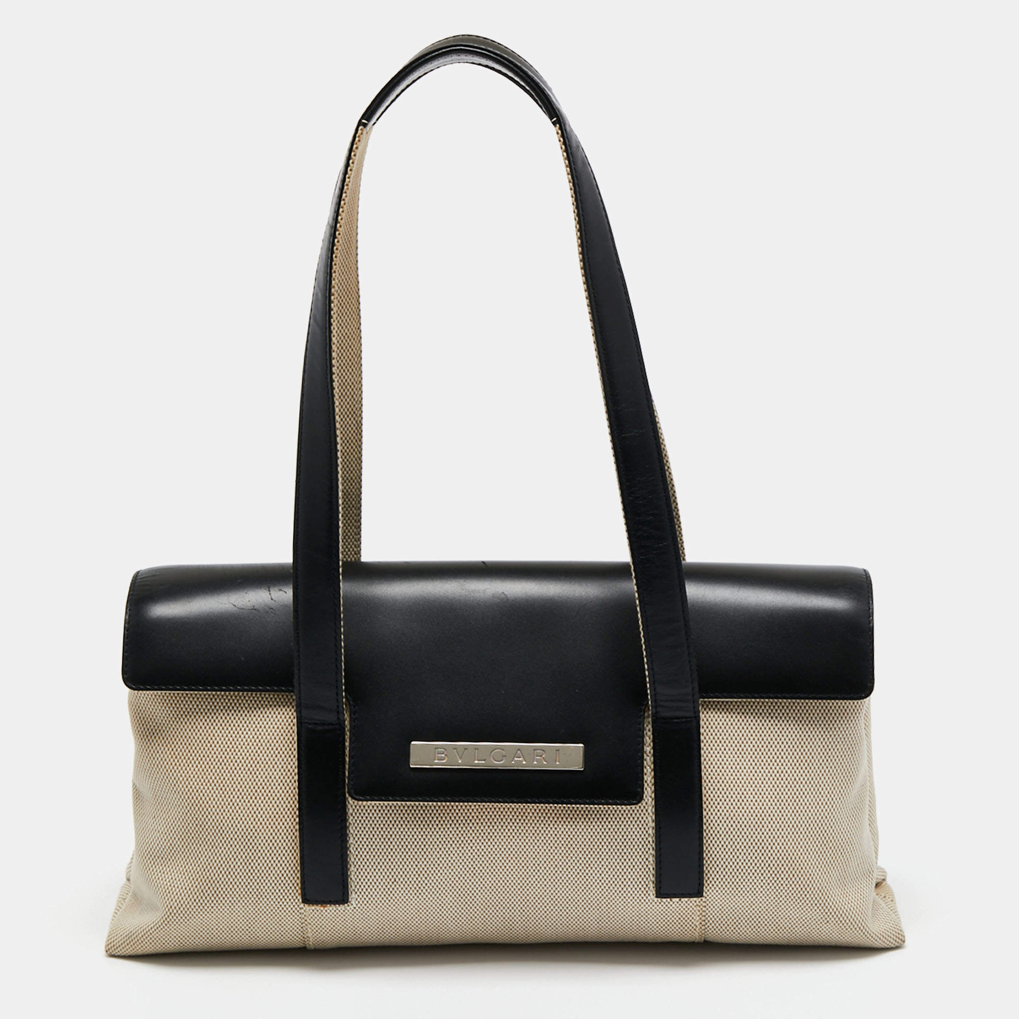 Pre Owned Bvlgari Beige/Black Leather and Canvas Flap Shoulder Bag