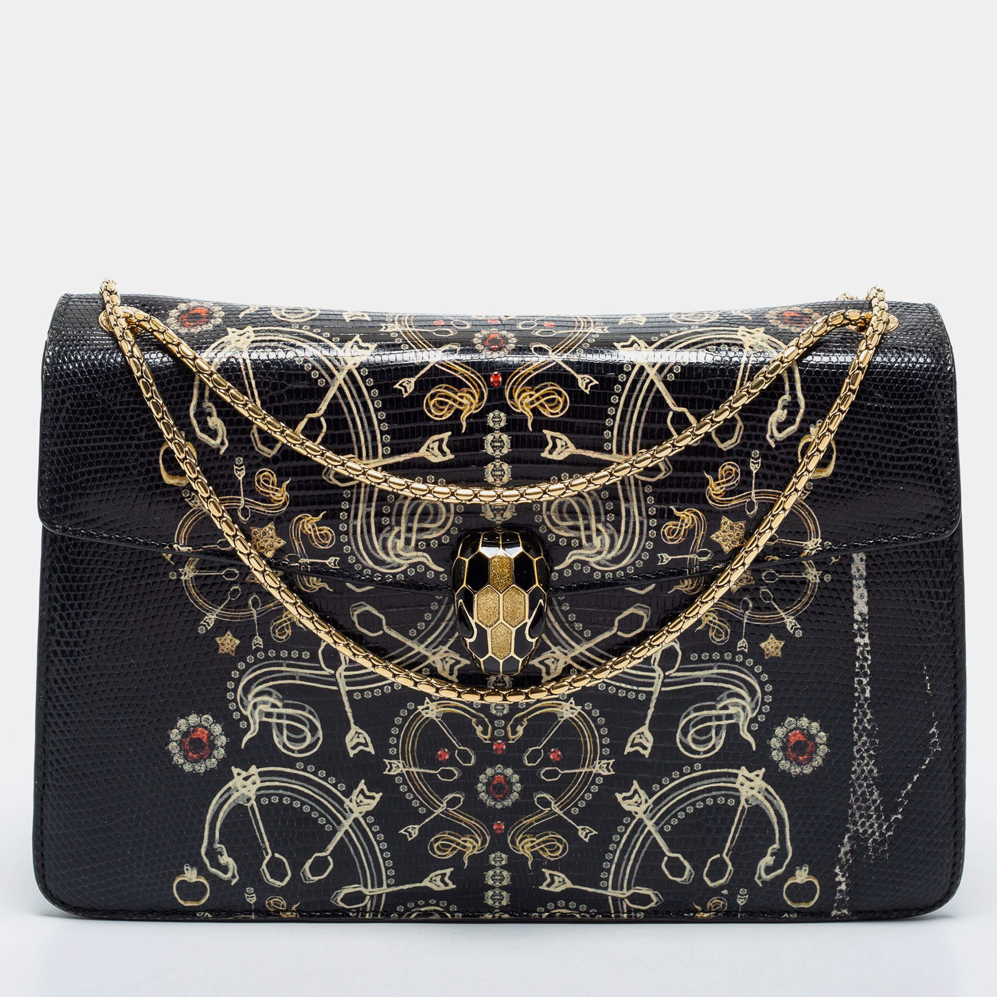 Bvlgari Black Lizard Medium Serpenti Flap Shoulder Bag