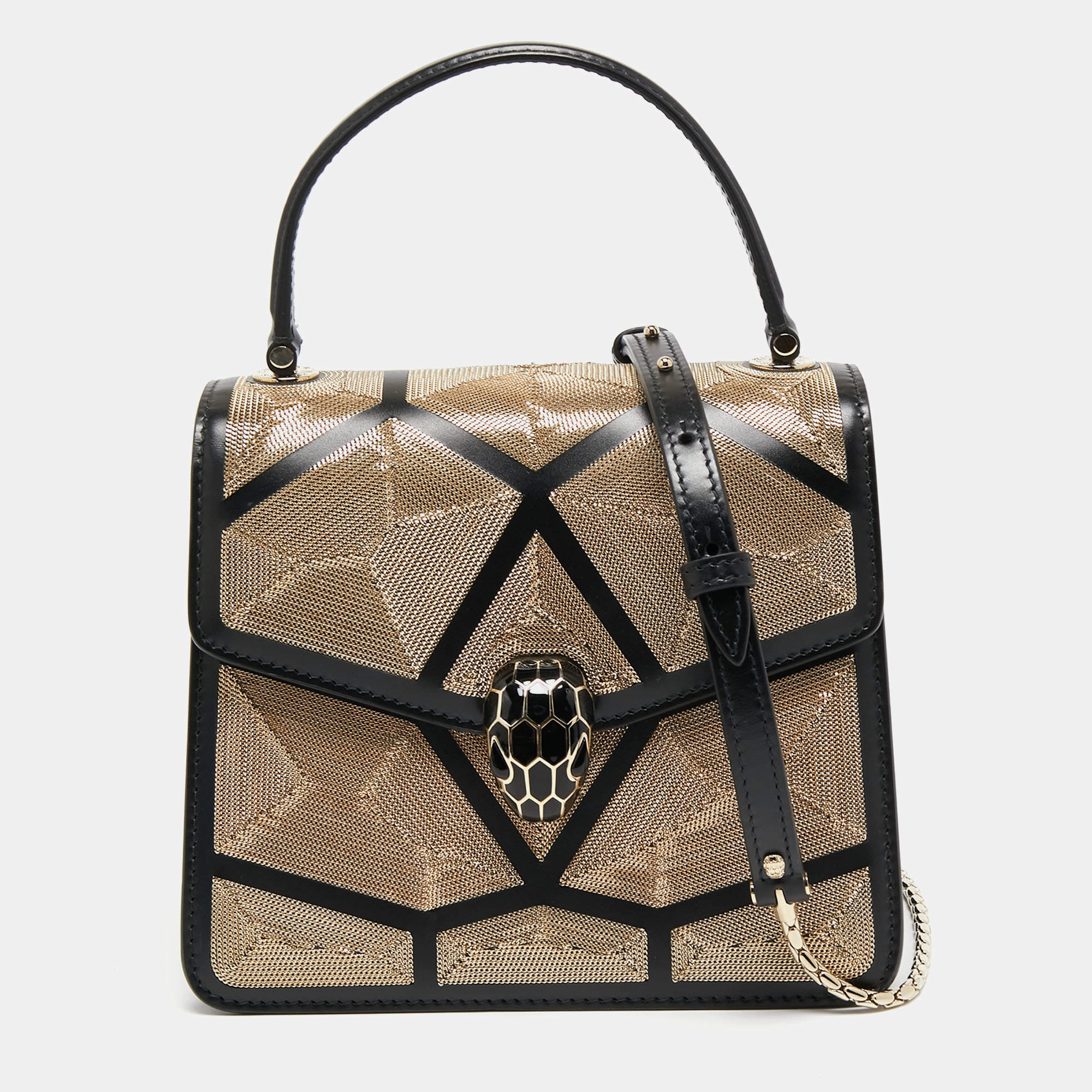 Pre Owned Bvlgari Black Million Chain Motif Leather Serpenti Forever Top Handle Bag