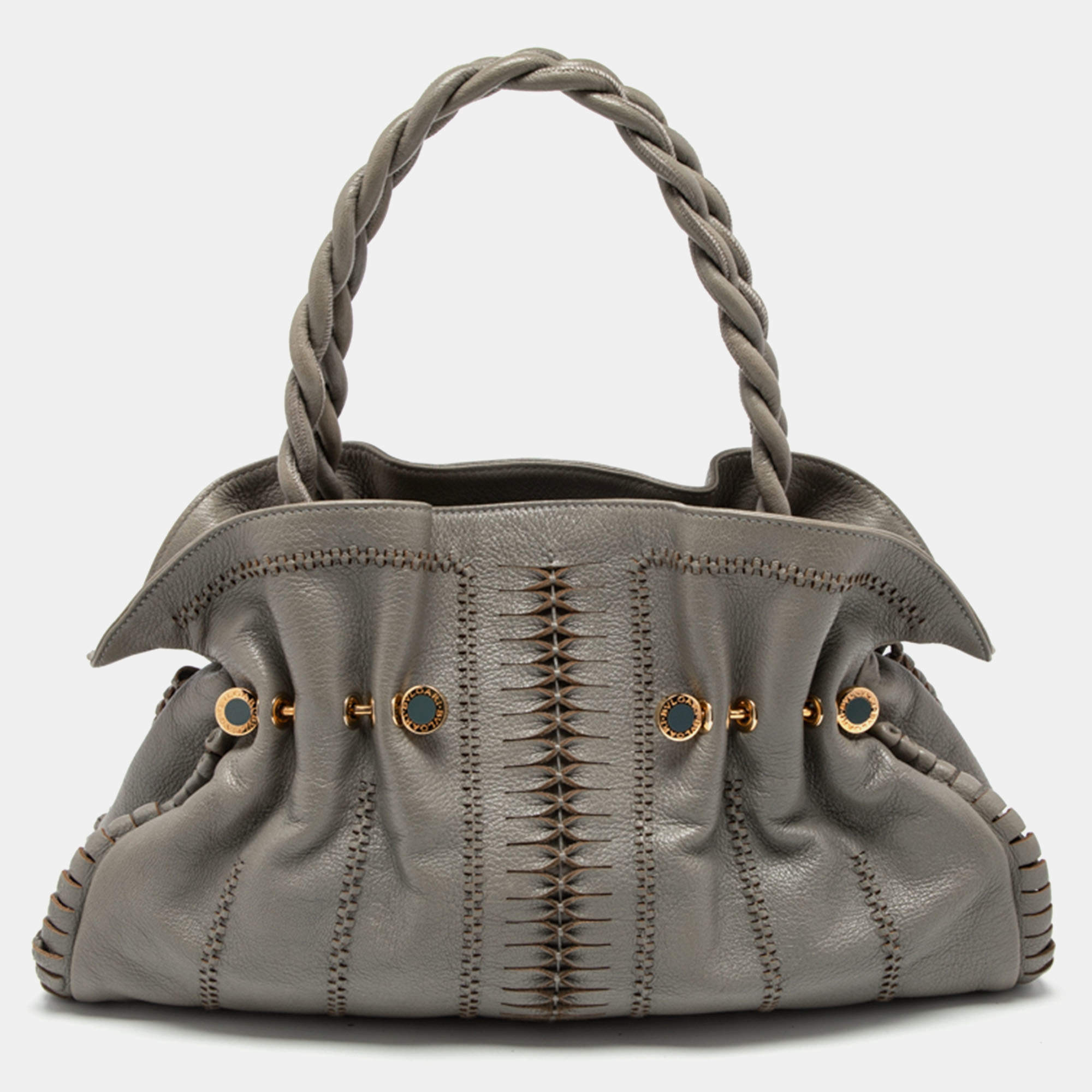 مملوكة مسبقًا Bvlgari Grey Cognac Woven Leather Satchel