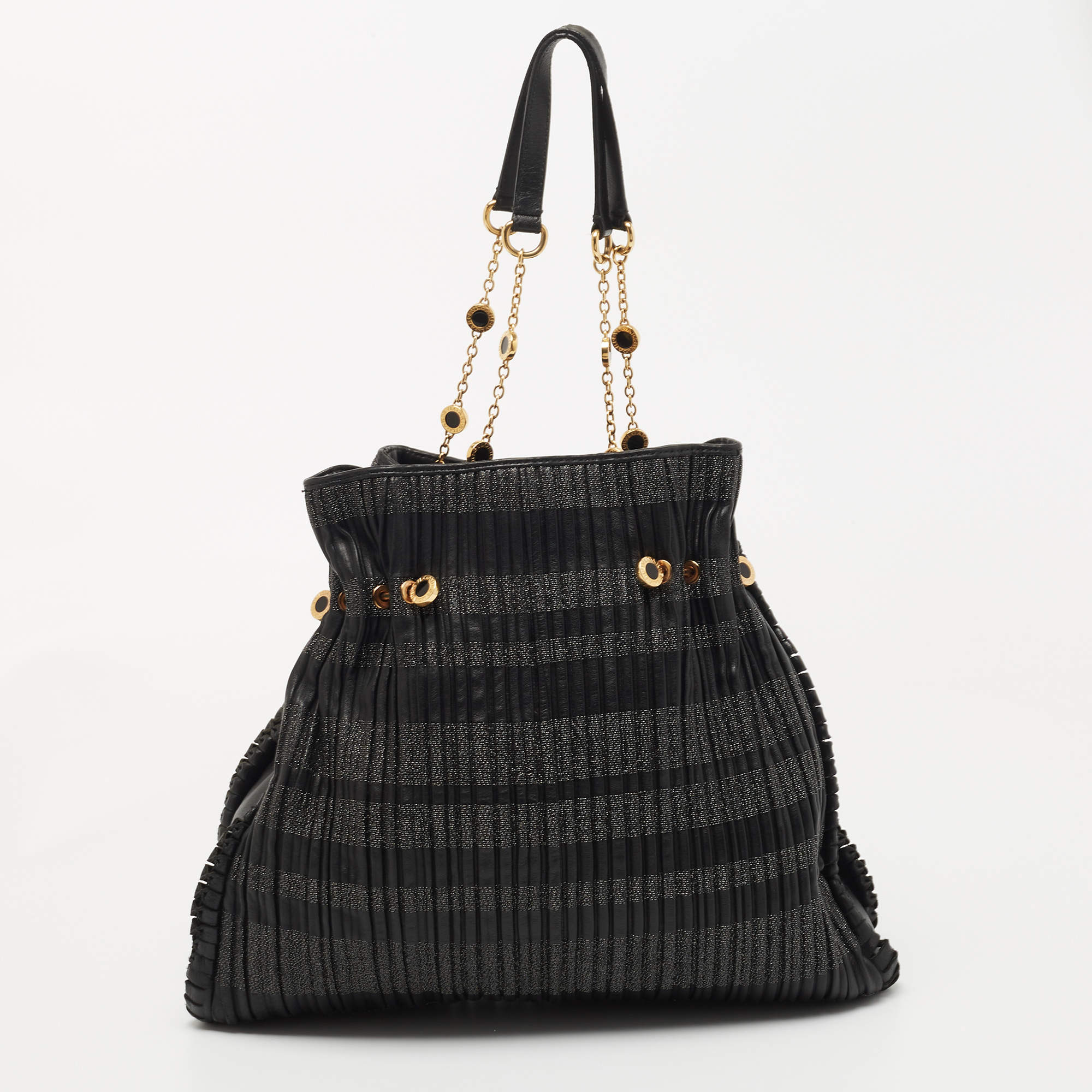 Pre Owned Bvlgari Black Pleated Leather Twistino Tina Shopper Tote